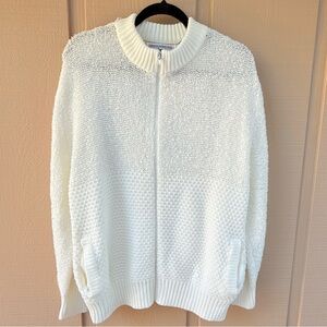 Vintage Off White Boucle Mock Neck Zip Up Textured Zip Sweater Cardigan 42” XL